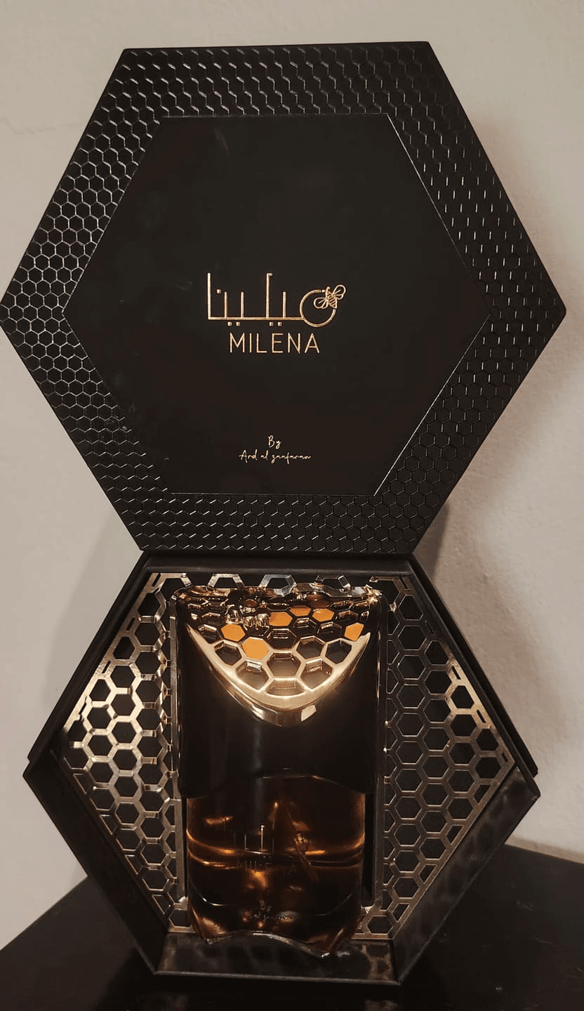 Caixa Milena fechada com logotipo dourado