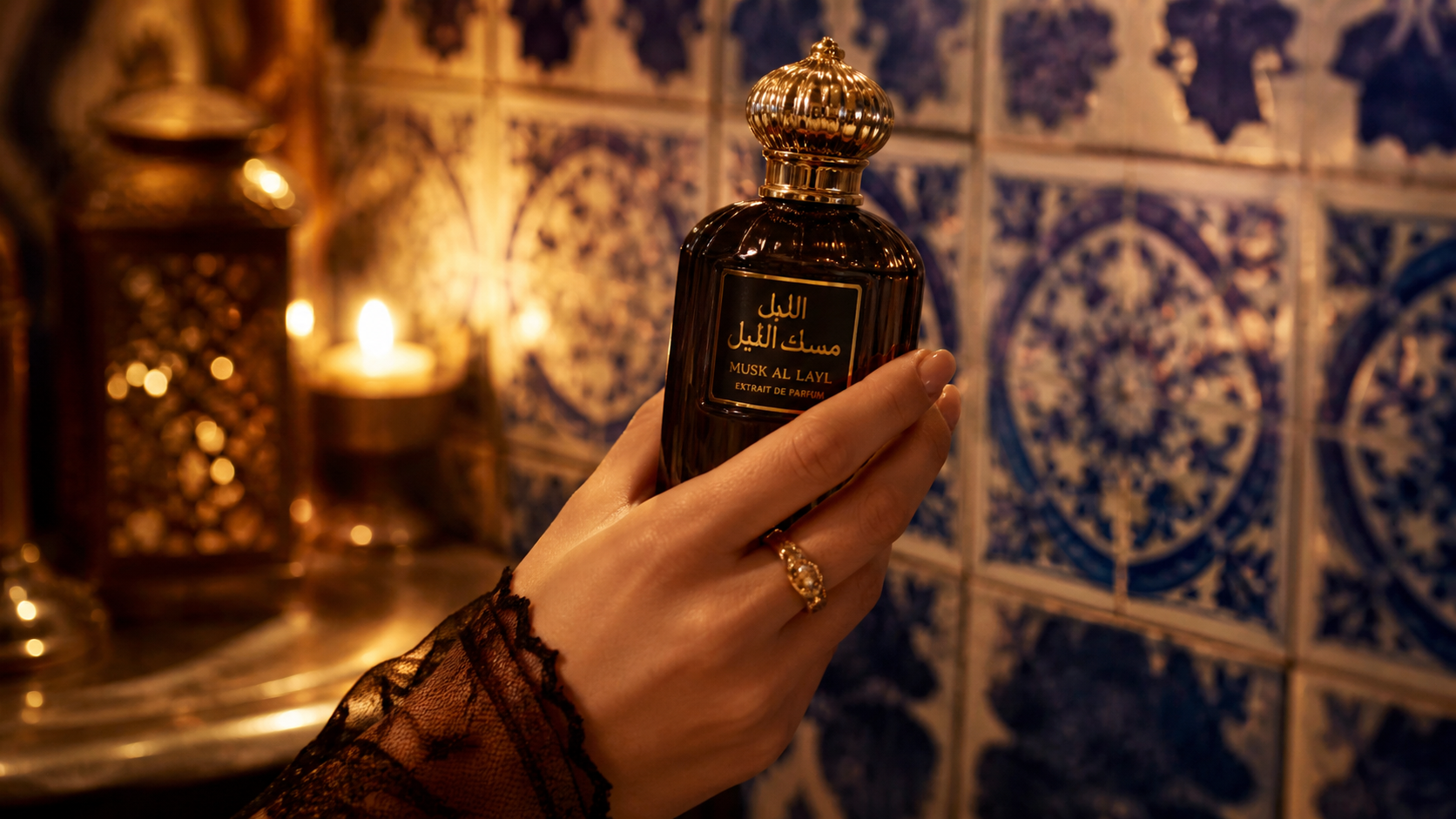 Frasco Musk Al Layl Extrait de Parfum sobre azulejos azuis e lanterna marroquina